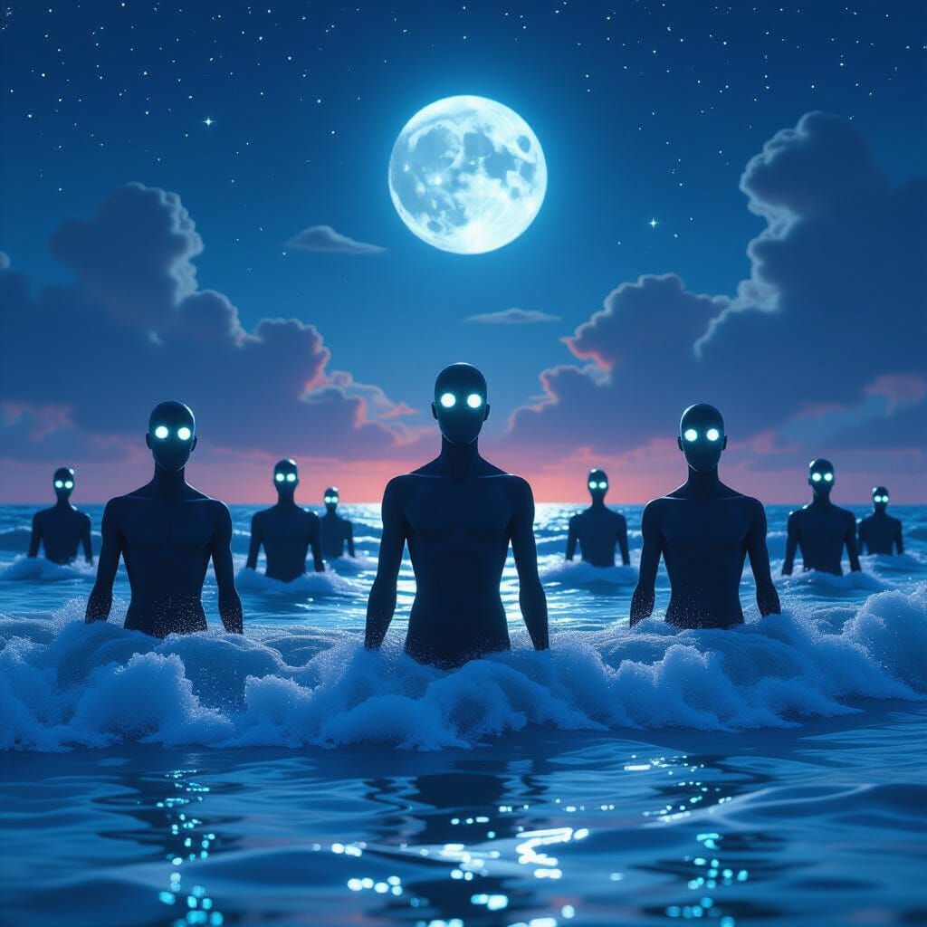 Luminous Figures Rise from the Starry Ocean