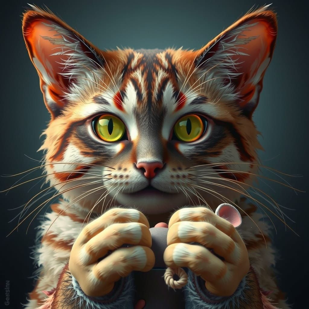 Majestic Black Cat Pounces on Stuffed Mouse in Sunlit Room