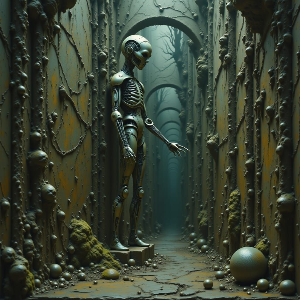 Surreal Biomechanical Lair in Dark Cyberpunk Aesthetic