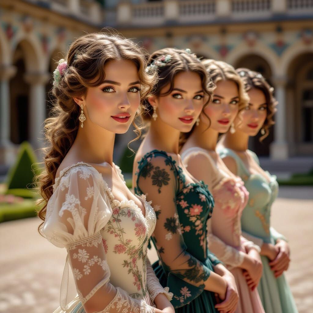 Edwardian Women Awaiting Announcement in Courtyard