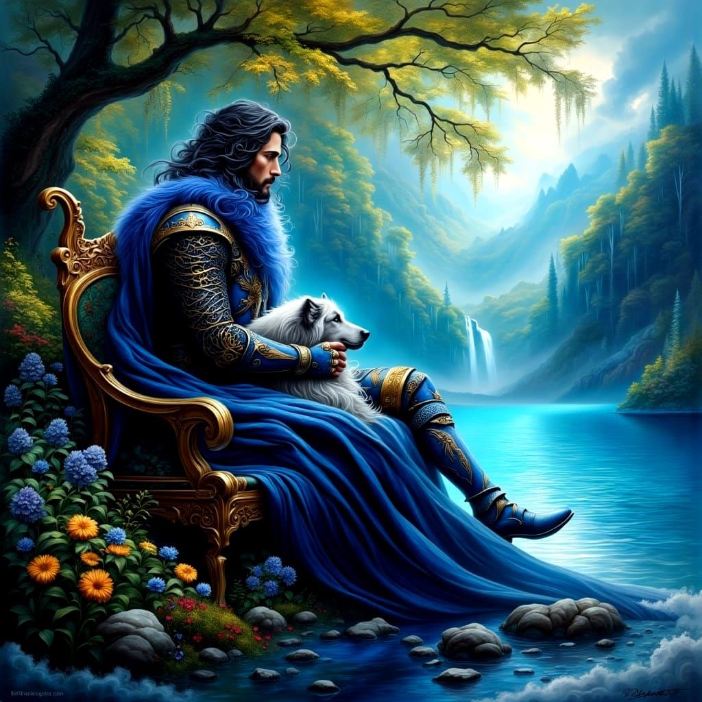 Elegant Knight in Blue Attire, Surrounded by Nature's Splend...