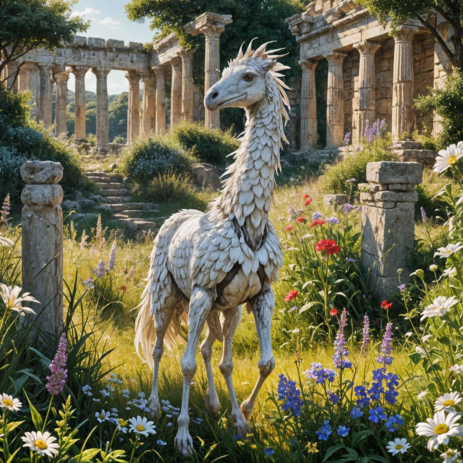 Surreal Feathered Creature in Roman Ruins, Anime Style