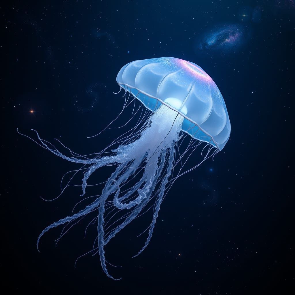 Ethereal Bioluminescent Jellyfish in Star-Filled Ocean