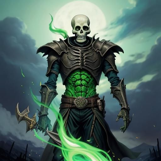 Skeleton Ablaze in Green Fire: Anime Style