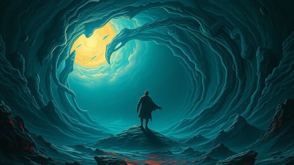 Surreal Dreamscape: Twisted Figure in Eerie Vortex