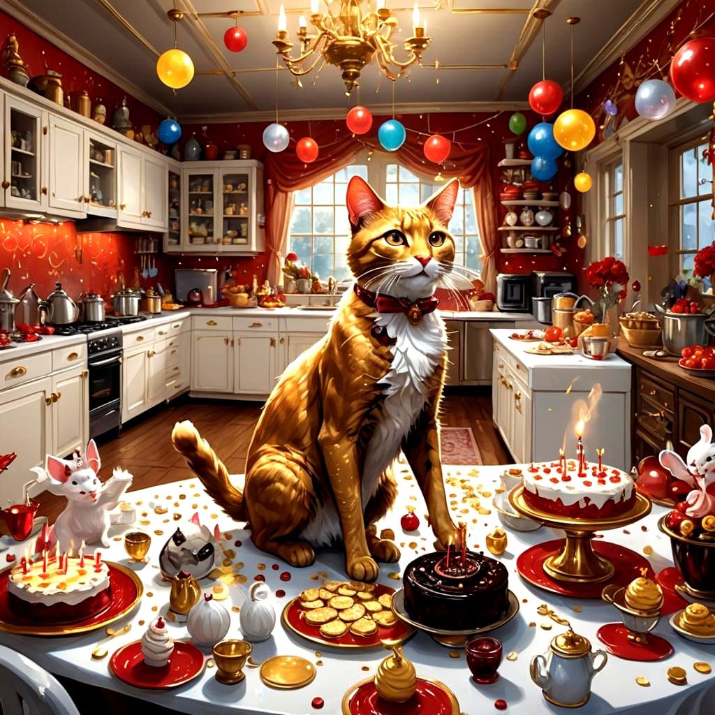 Golden Cat Birthday Party with Wine Cake