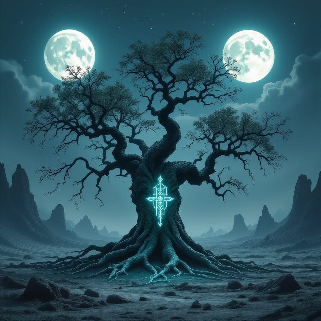 Ancient Tree on Alien World with Glowing Runes