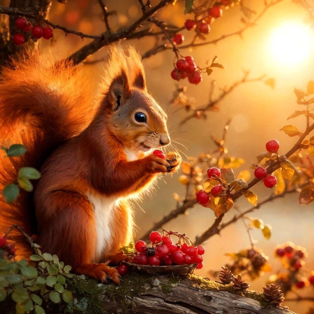 Red Squirrel in Autumnal Sunset Glow