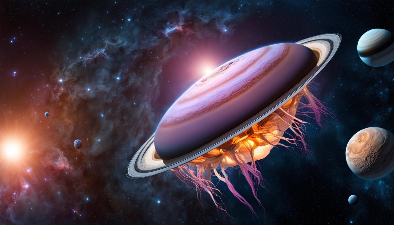 Surreal Cosmic Jellyfish Orbiting Saturn in 3D