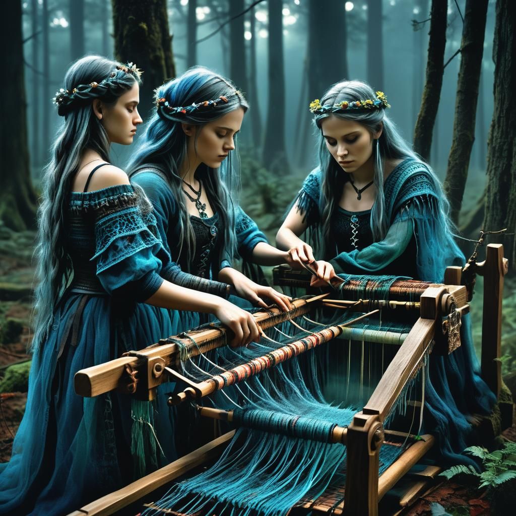 Dark Fantasy: Sisters Weaving in Ancient Forest
