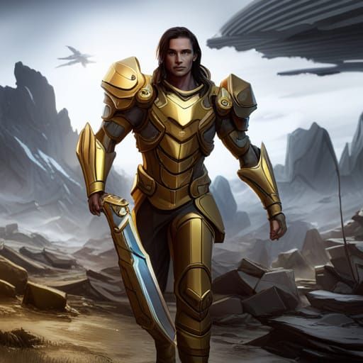 Sci-Fi Superhero in Golden Armor Concept Art