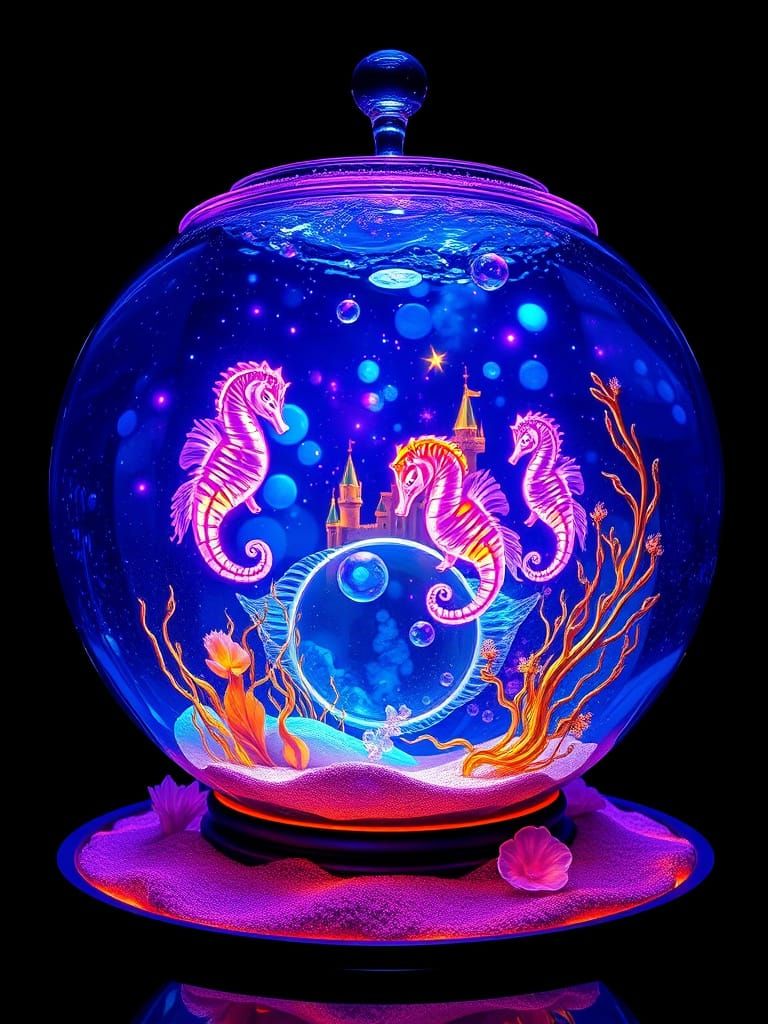 Surreal Neon Fishbowl Teeming with Hyperrealistic Life