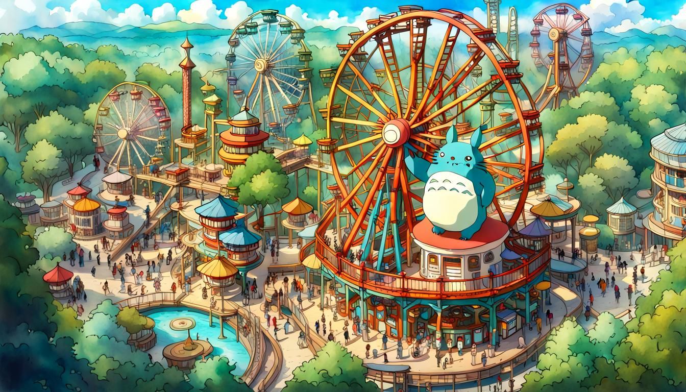 Studio Ghibli Theme Park: Anime Watercolor Landscape