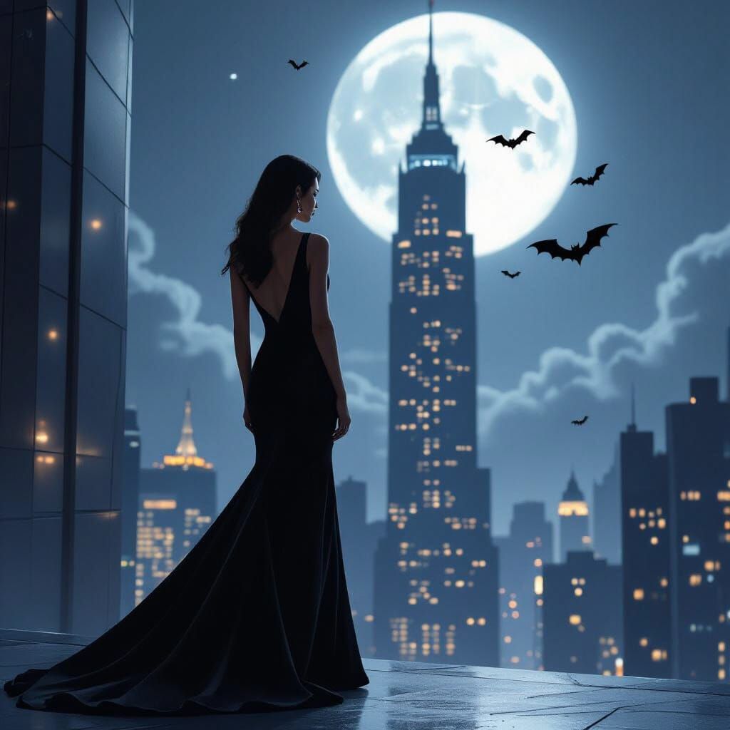 Stylish Woman in Black Dress Before Skyscraper