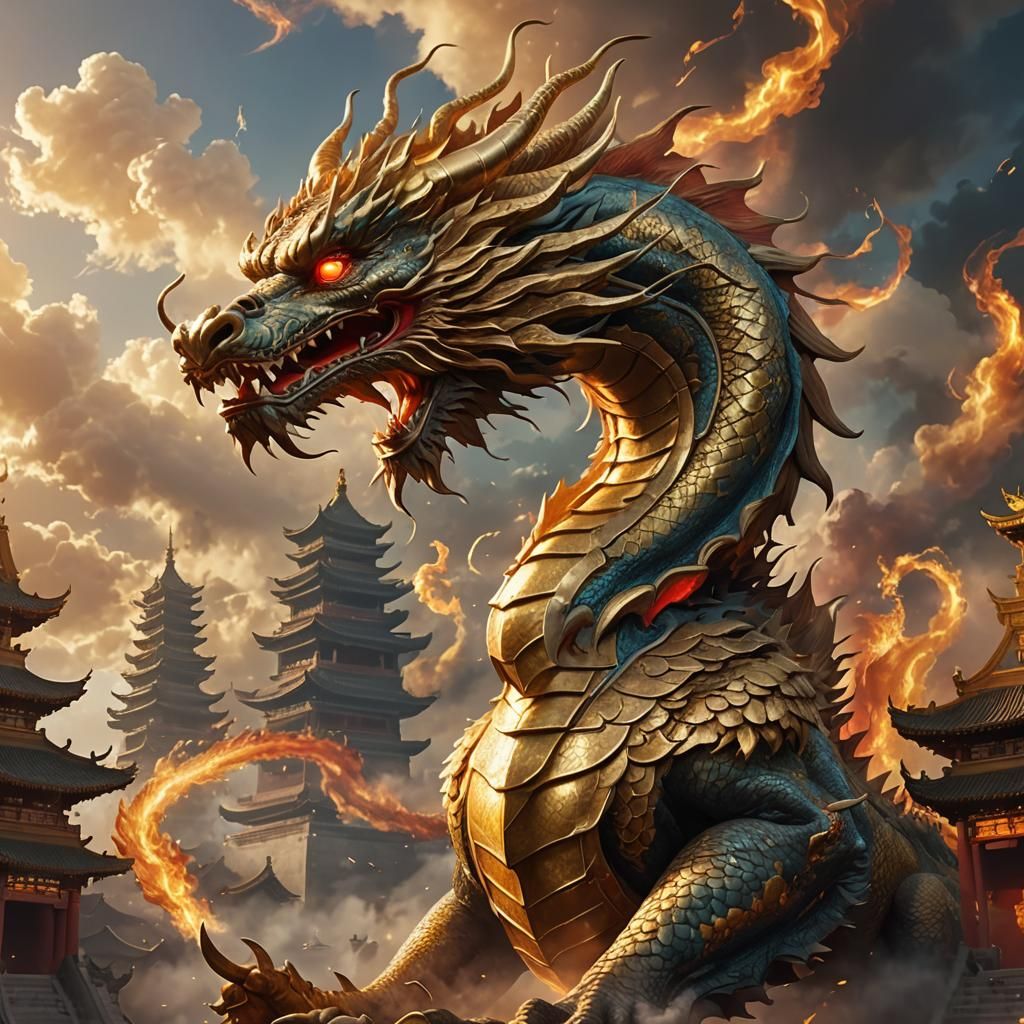 Fiery Chinese Dragon in Golden Mist: 3D Art