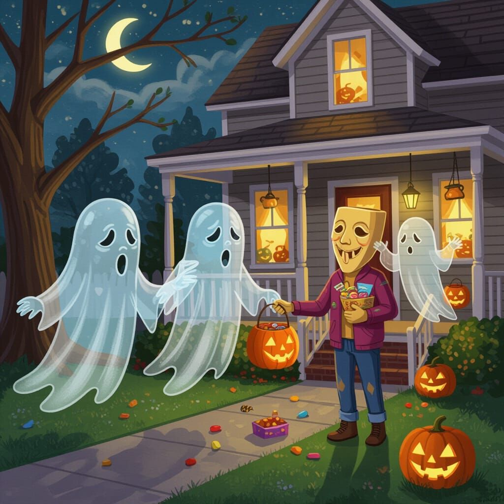 Whimsical Ghosts Trick-or-Treating in Digital Drawing