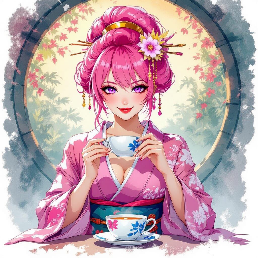 Pink Haired Geisha with Violet Eyes in Watercolor Style