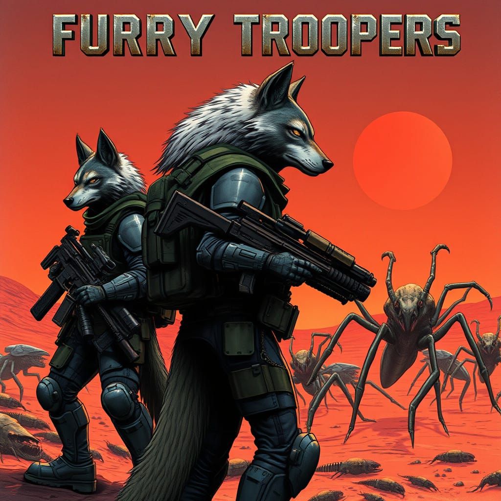A stark yet exciting scene of anthro furry wolf soldiers fighting giant bugs on a alien planet words overlaid read "Furr...