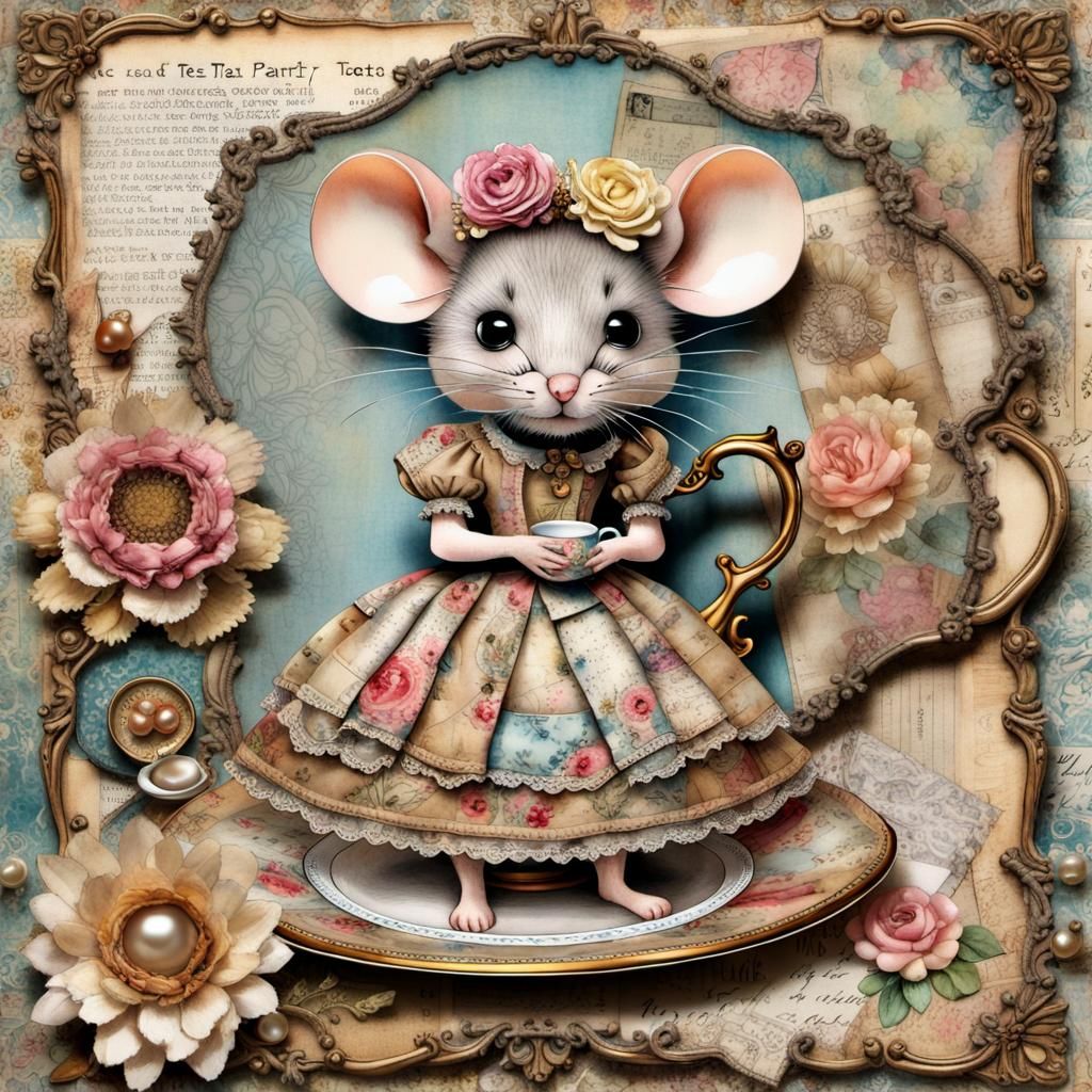 Victorian Mouse Tea Party Mixed Media Collage