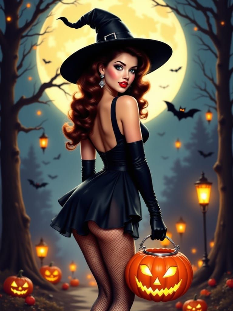 Cartoon Witch with Jack-o'-Lantern in Moonlight