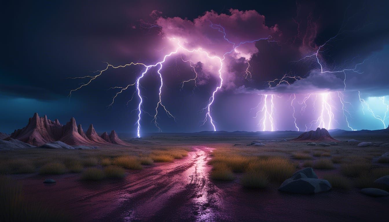 Neon Lightning Storm in Dramatic Badlands Landscape