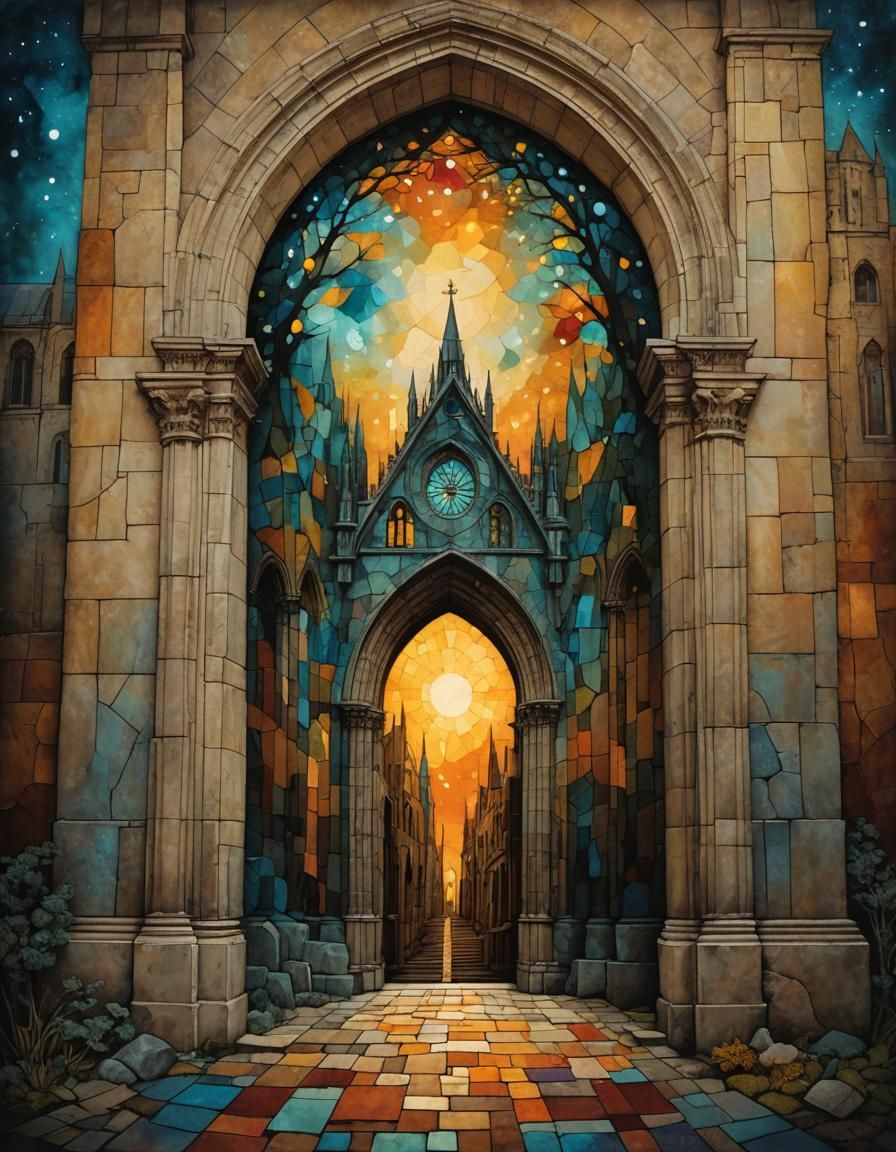 Cathedral Doorway in Mixed Media Style