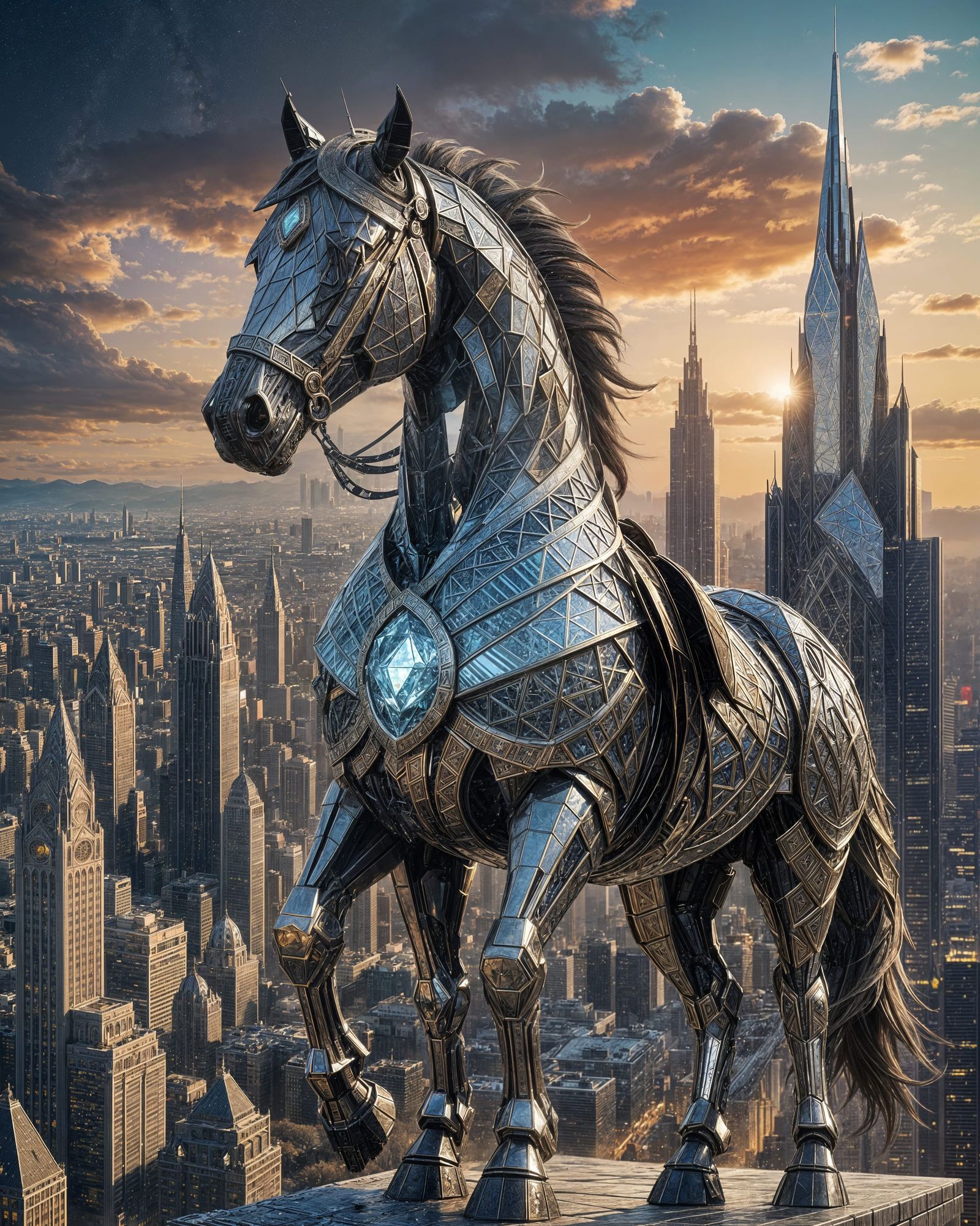 Futuristic Diamond Horse in Sci-Fi Cityscape