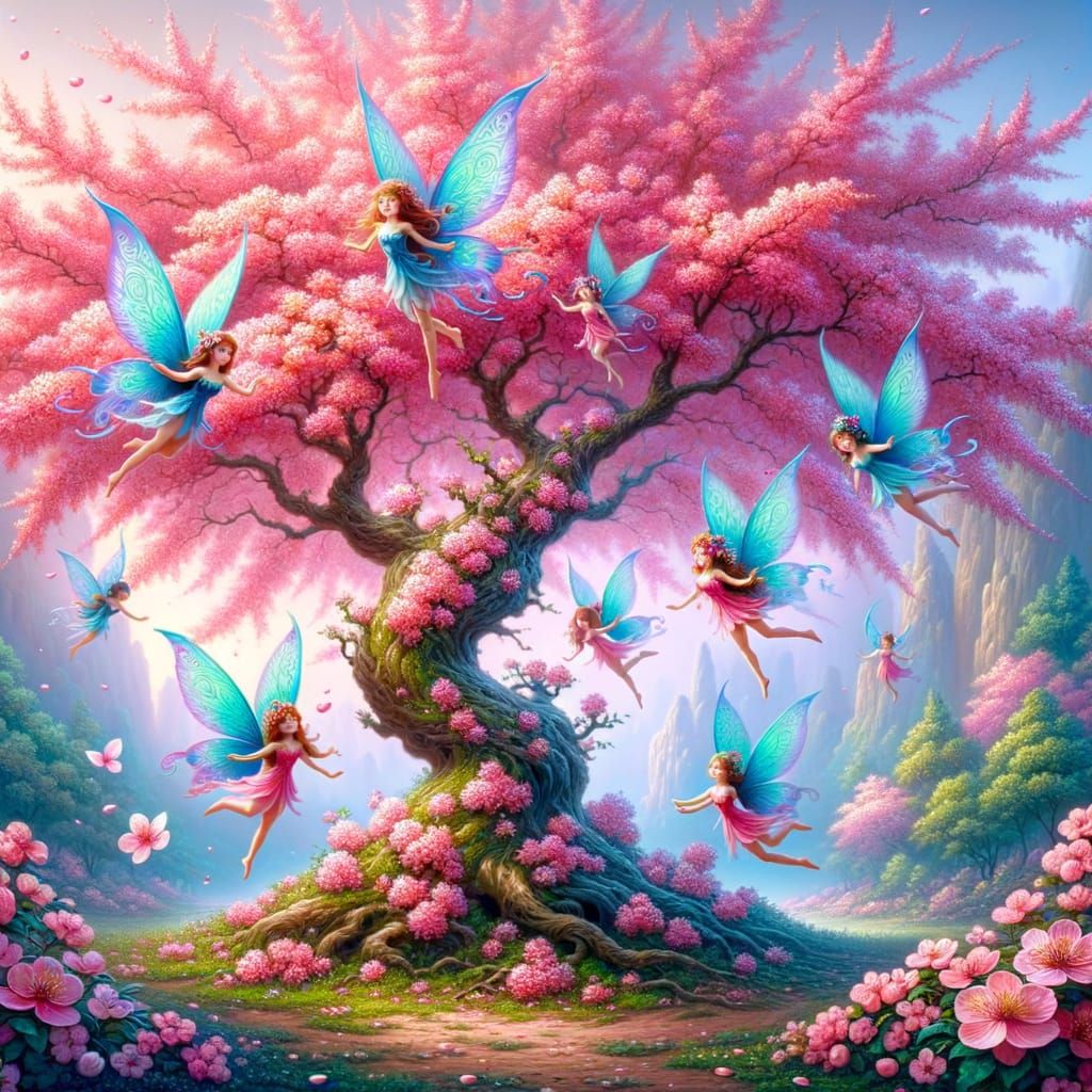 un árbol de cerezo florecido y alrededor de las 5 pequeñas hadas volando a su alrededor,ellas son hermosas y parecen min...