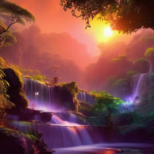 Solarpunk Sapphire Waterfall in Congolese Jungle at Sunset