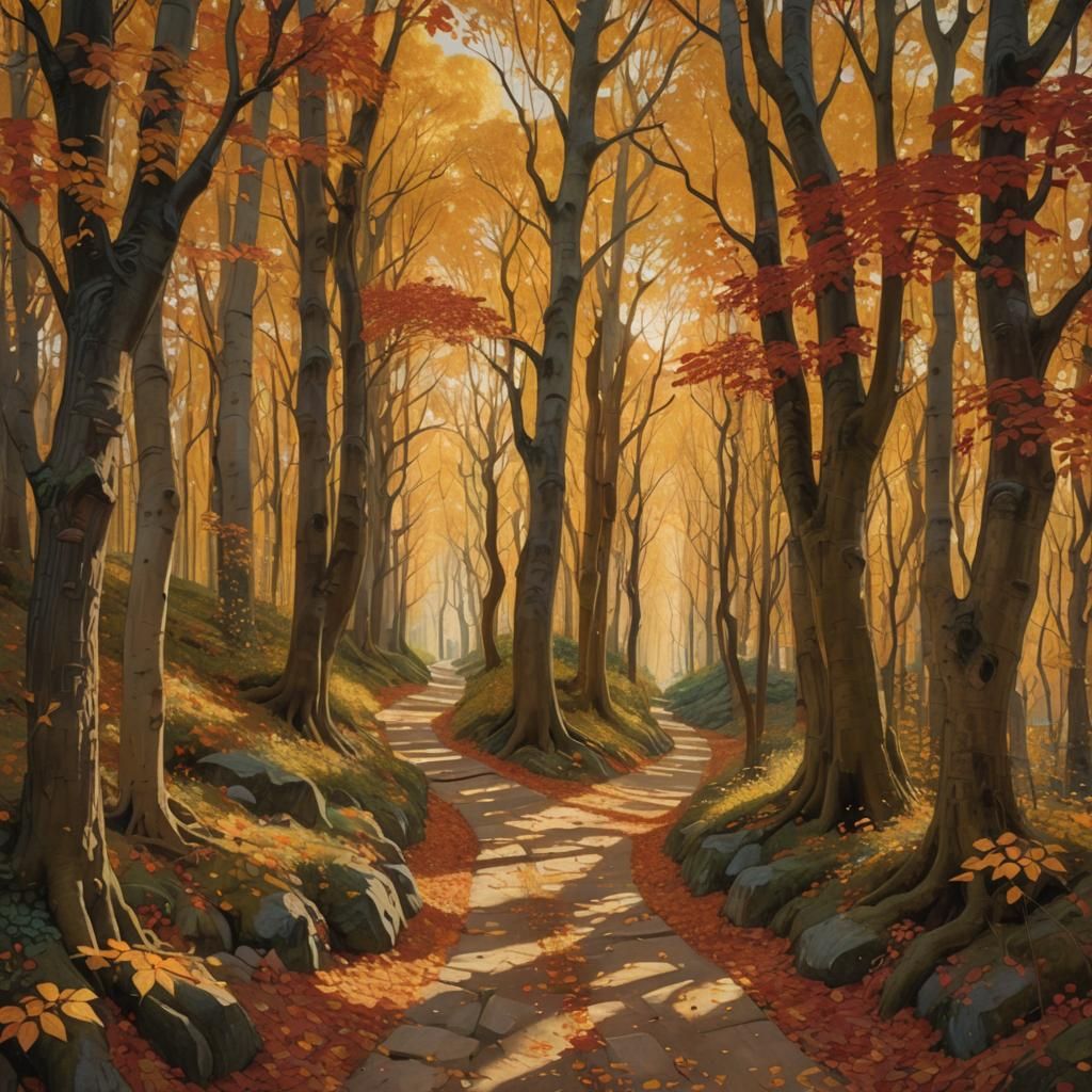 Forest Path in Gustav Klimt Style with Golden Light