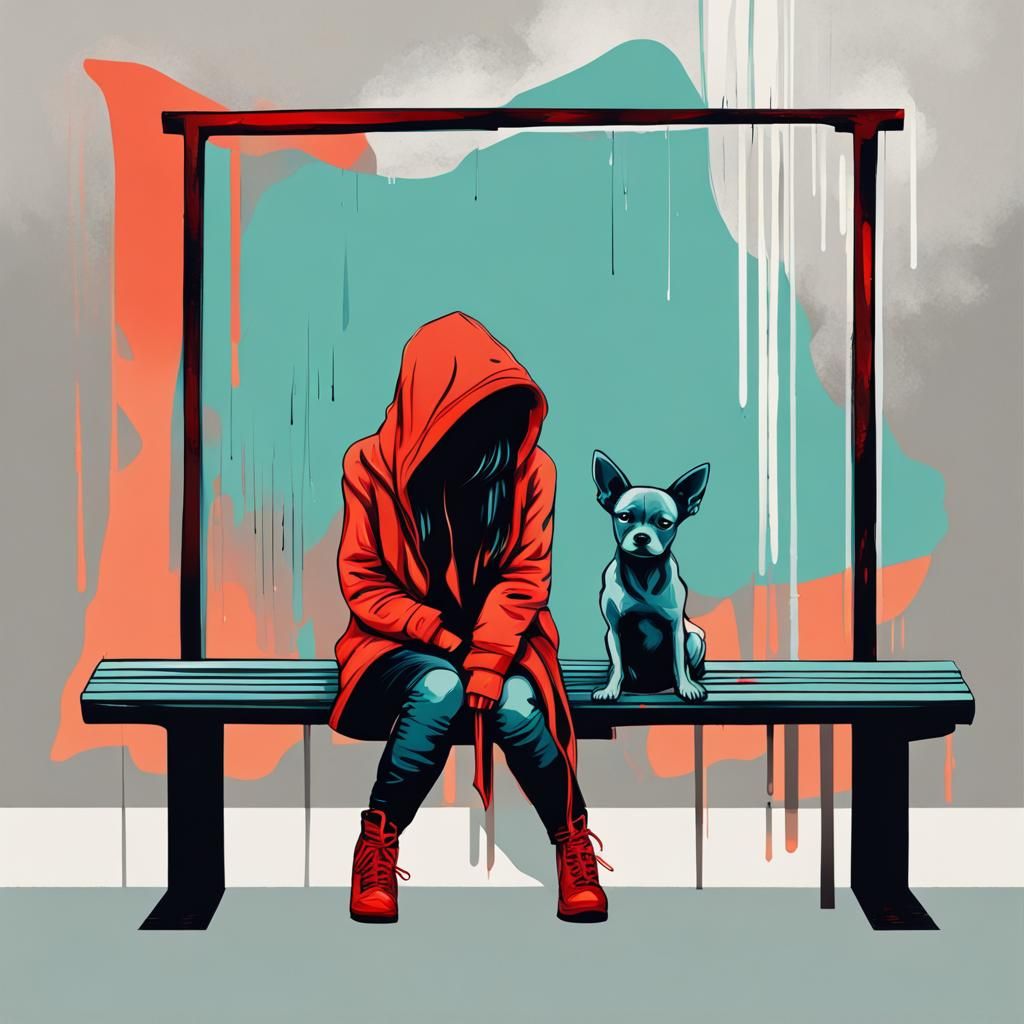 Hooded Girl Crying with Dog in Abstract Art
