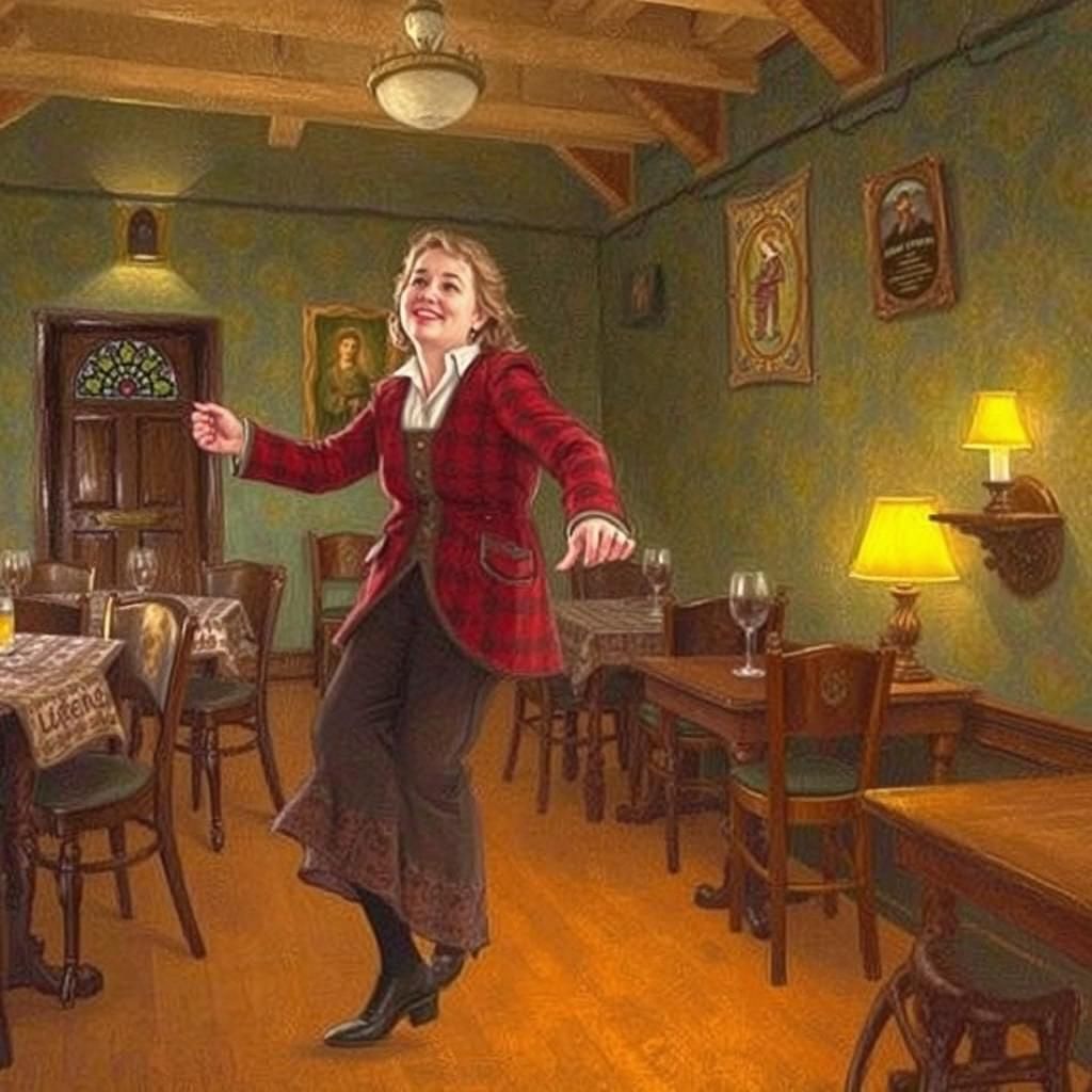 Energetic Hornpipe Dancer in English Pub, Pre-Raphaelite Sty...