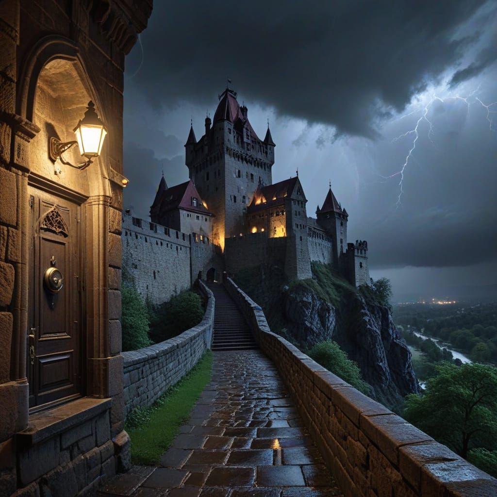 Eerie Castle Entrance on a Stormy Night