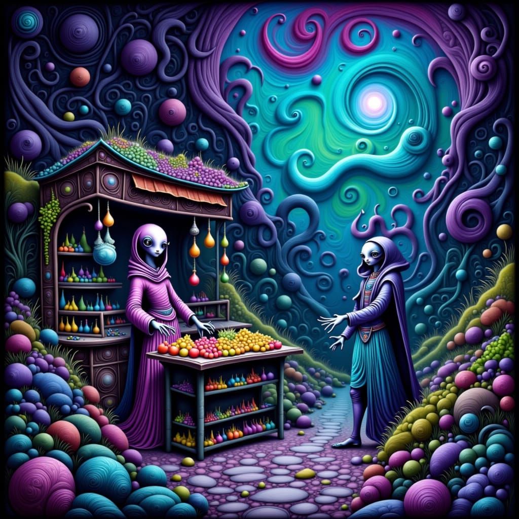 Bioluminescent Alien Fruit Stand: Moebius Style