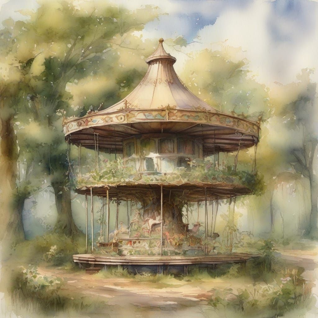 Nature Reclaims Abandoned Carousel in Forest Watercolour