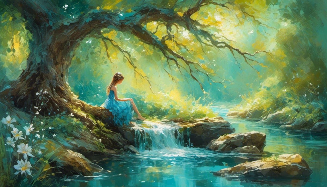 Fairy Relaxing by Magical Stream in Gouache Style