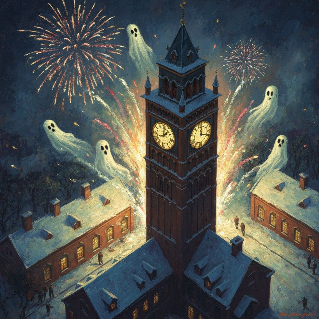 Ghosts Emerge From Clock Tower Amidst Fireworks As Oil Paint...