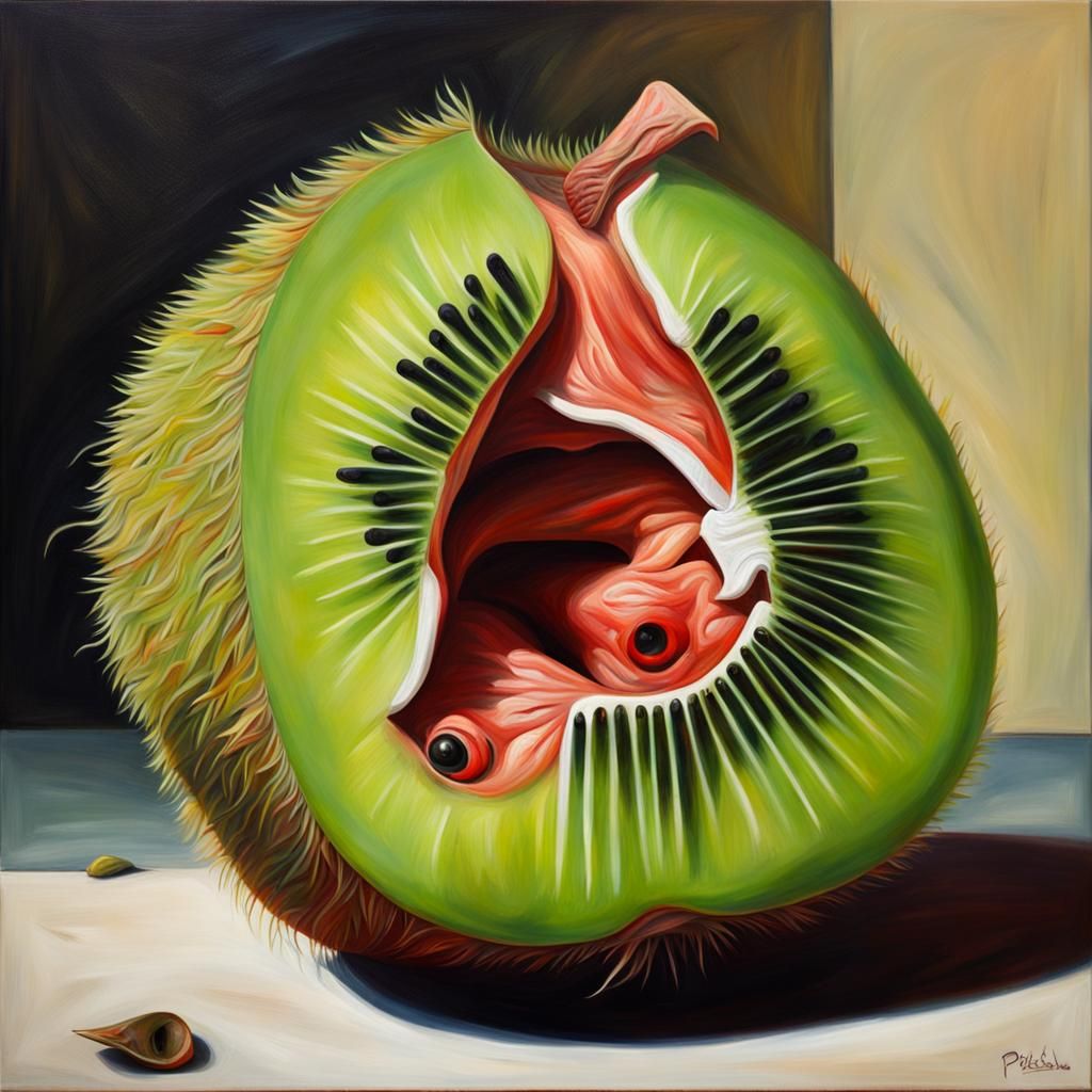Zombie Piranha Kiwi Fruit in Cubist Style