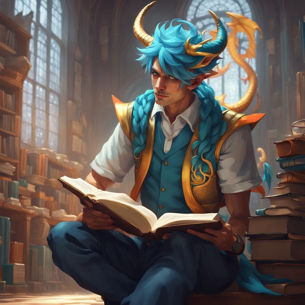 Dragonman Student Reads Book, Art Nouveau Style