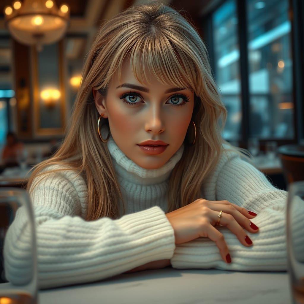 Elegant Woman in Luxurious Restaurant Setting, Captured in D...