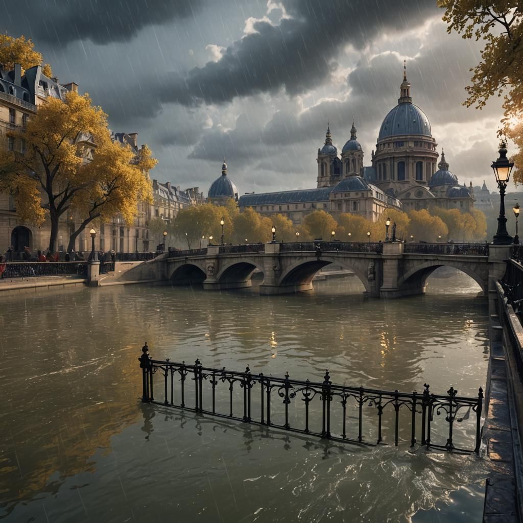 Parisian Bridge Under Summer Rain in Detailed Fantasy Art