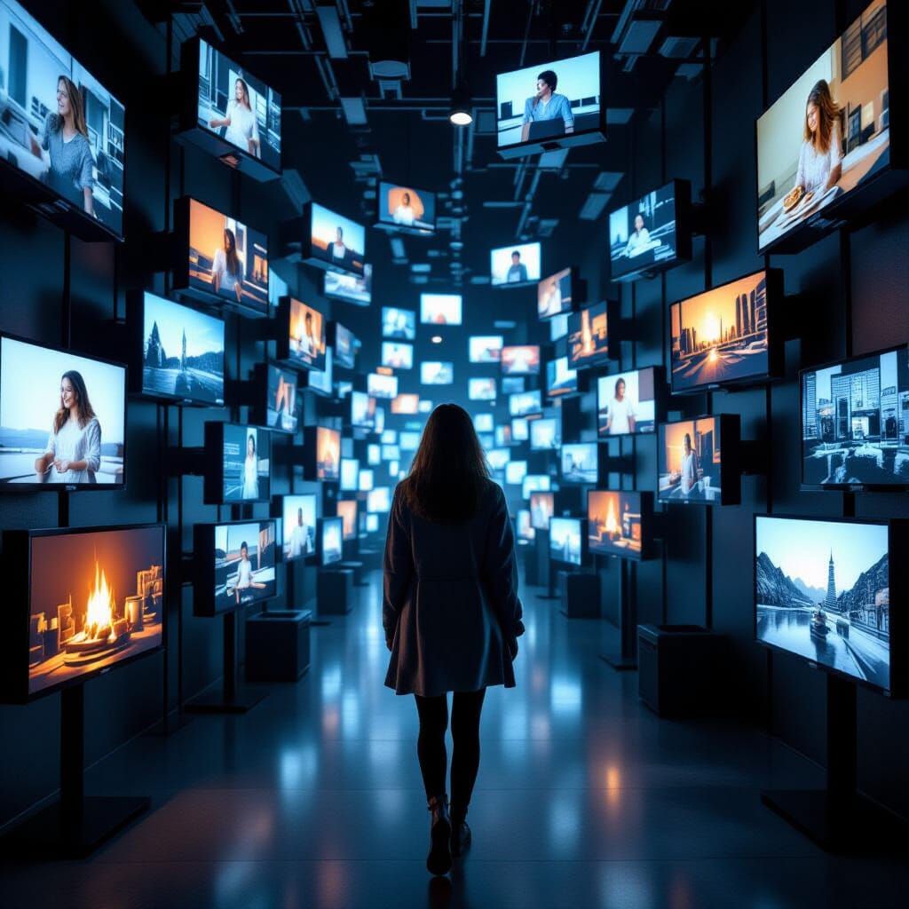Lost Woman Surrounded by Screens Displaying Perfect Lives