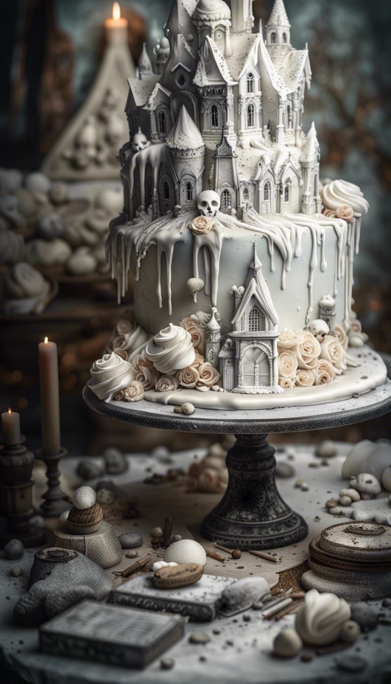 Macabre Wedding Cake in Graveyard, Ink and Gouache Illustrat...