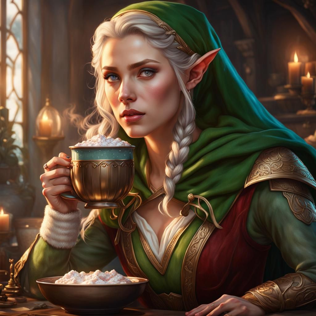 Photorealistic Elf Portrait with Hot Chocolate