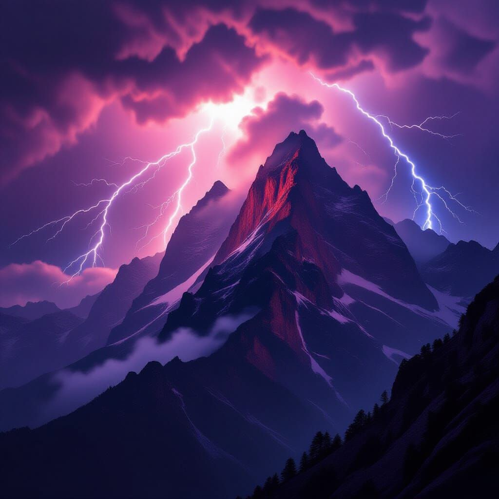 Red Mountain Peaks Shrouded in Stormy Mist