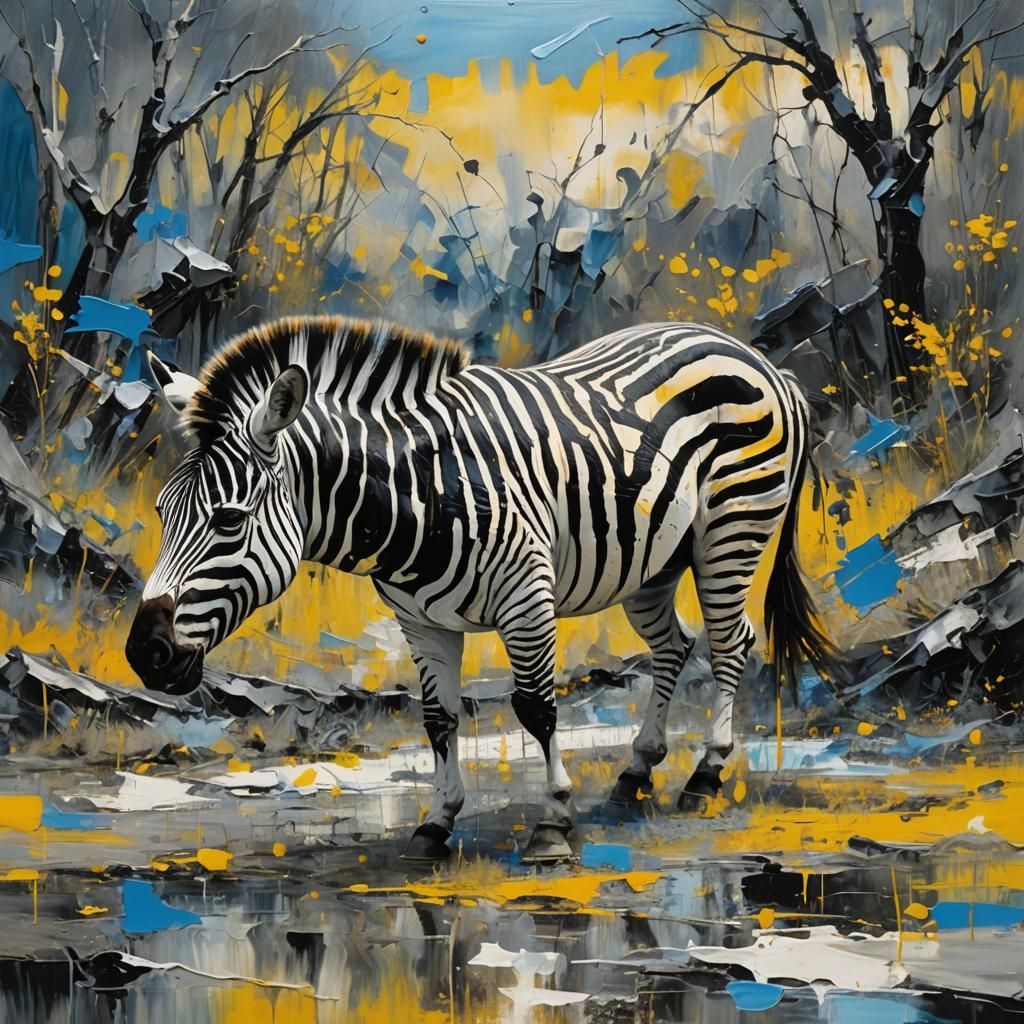 Abstract Zebra in Fantasy Landscape, Expressionist Oil Paint...