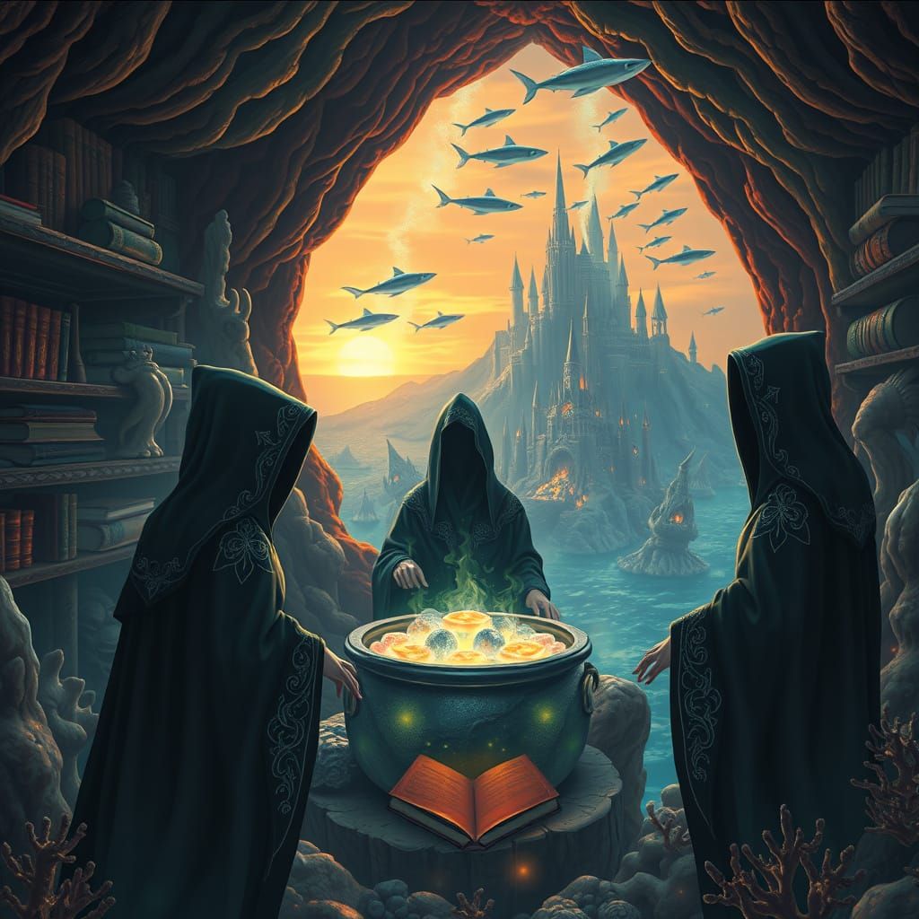 Three Witches in an Underwater Volcanic Coven with Spellbook...
