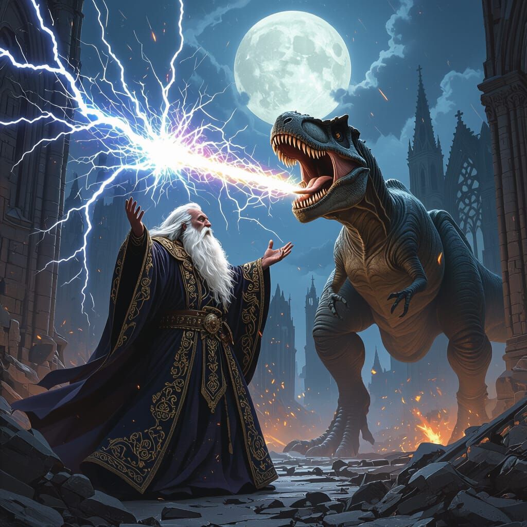 Wizard Battles T-Rex in Gothic Ruins, Dark Fantasy Art