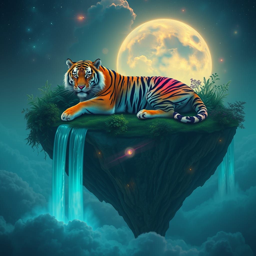Bioluminescent Tiger on Floating Island: Art Nouveau Style