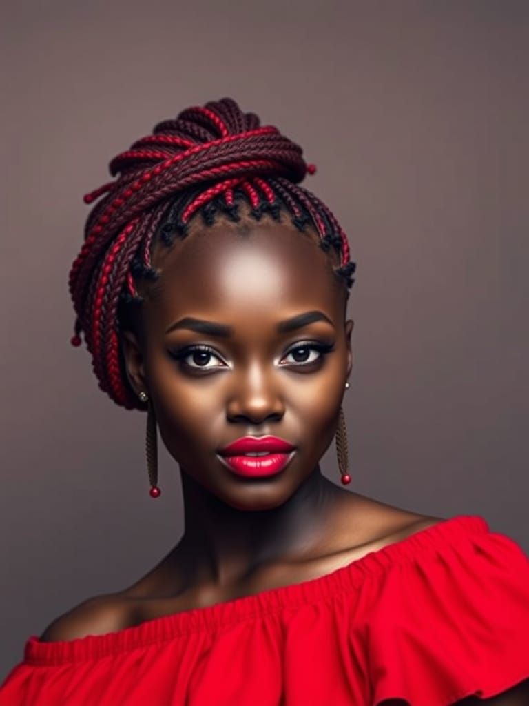 African American Woman with Red Updo in Studio Portrait